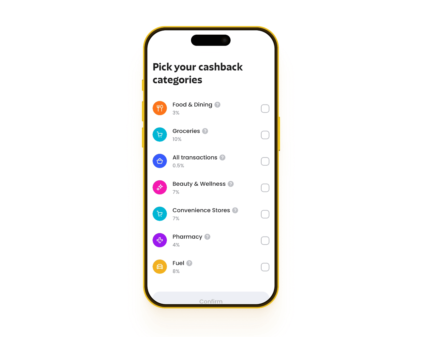 Cashback category selection