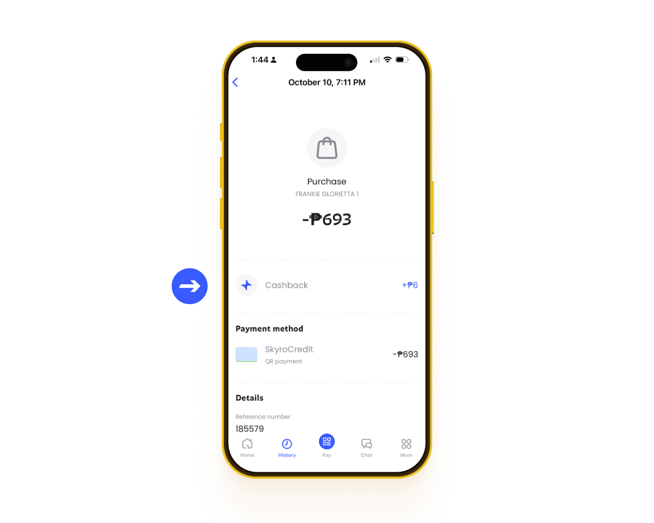 Cashback earned in History tab