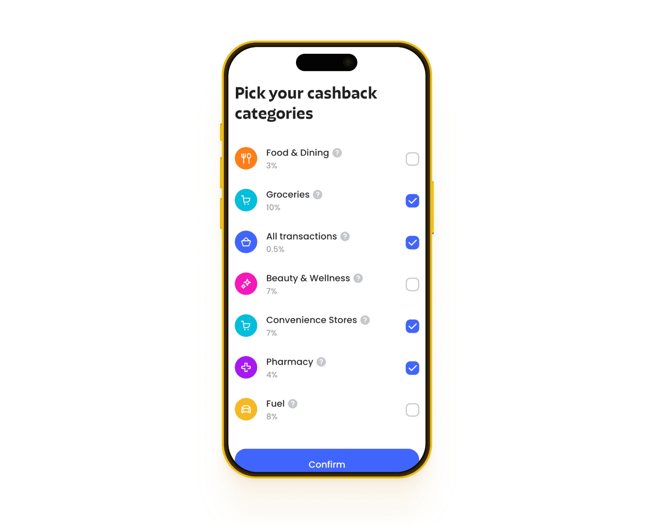 Pick 4 of 7 cashback categories