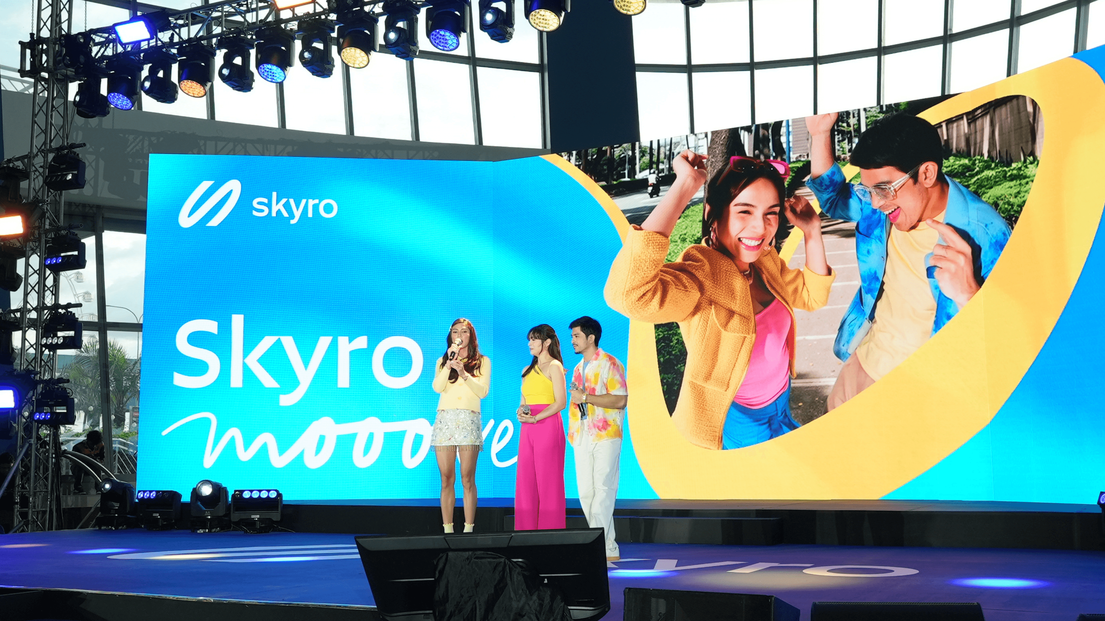 Skyro Ambassadors Dennis Trillo and Jennylyn Mercado join host Nicole Cordoves on stage at the Skyro Mooove! Launch Event last October 18, 2026 at SM Mall of Asia Music Hall